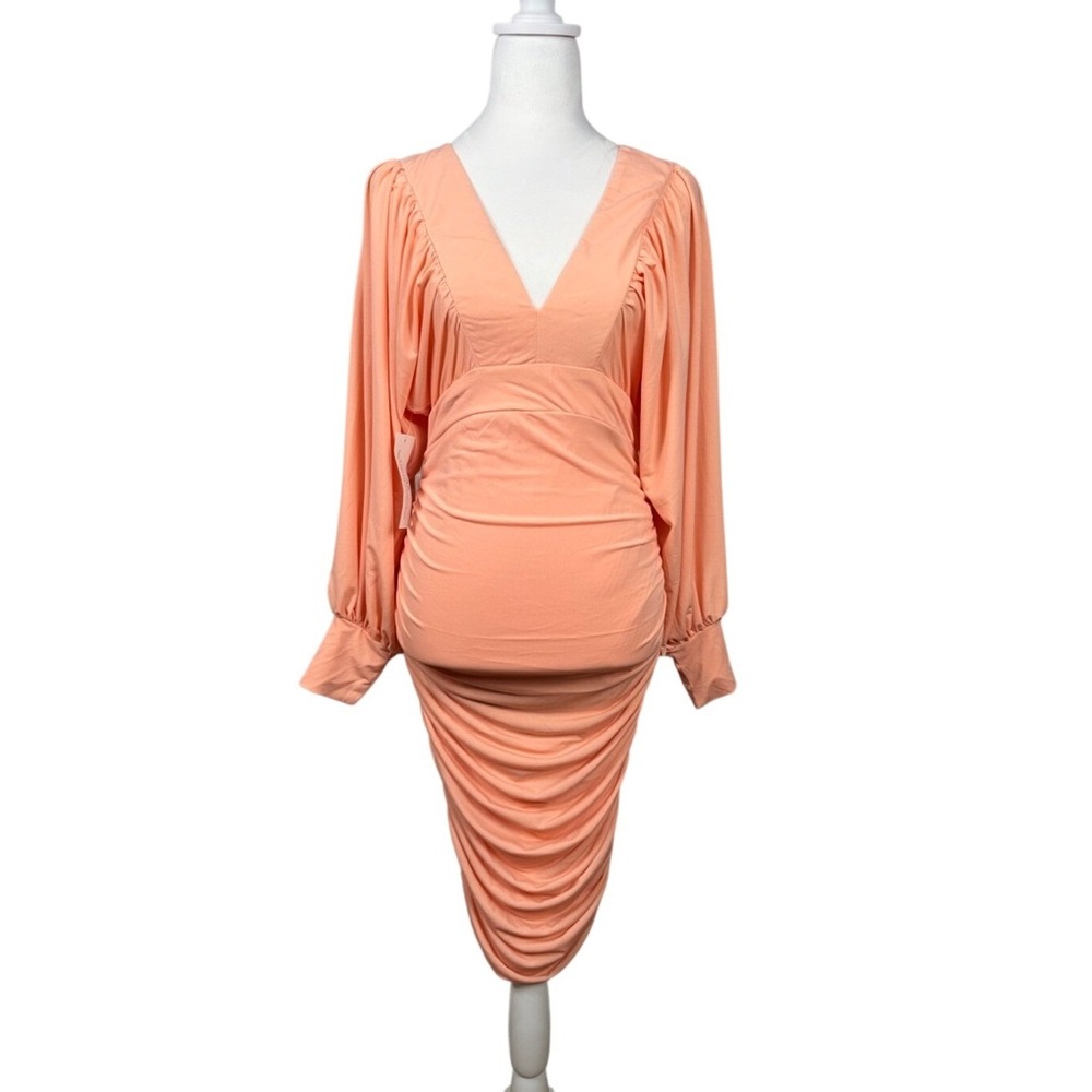 AX Paris Peach Ruched V‎ Neck Long Sleeve Midi Dress Size 10 NWT